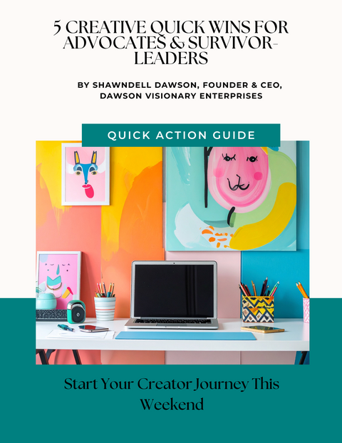 Wall of colorful art and a desk with laptop and pencil holder.